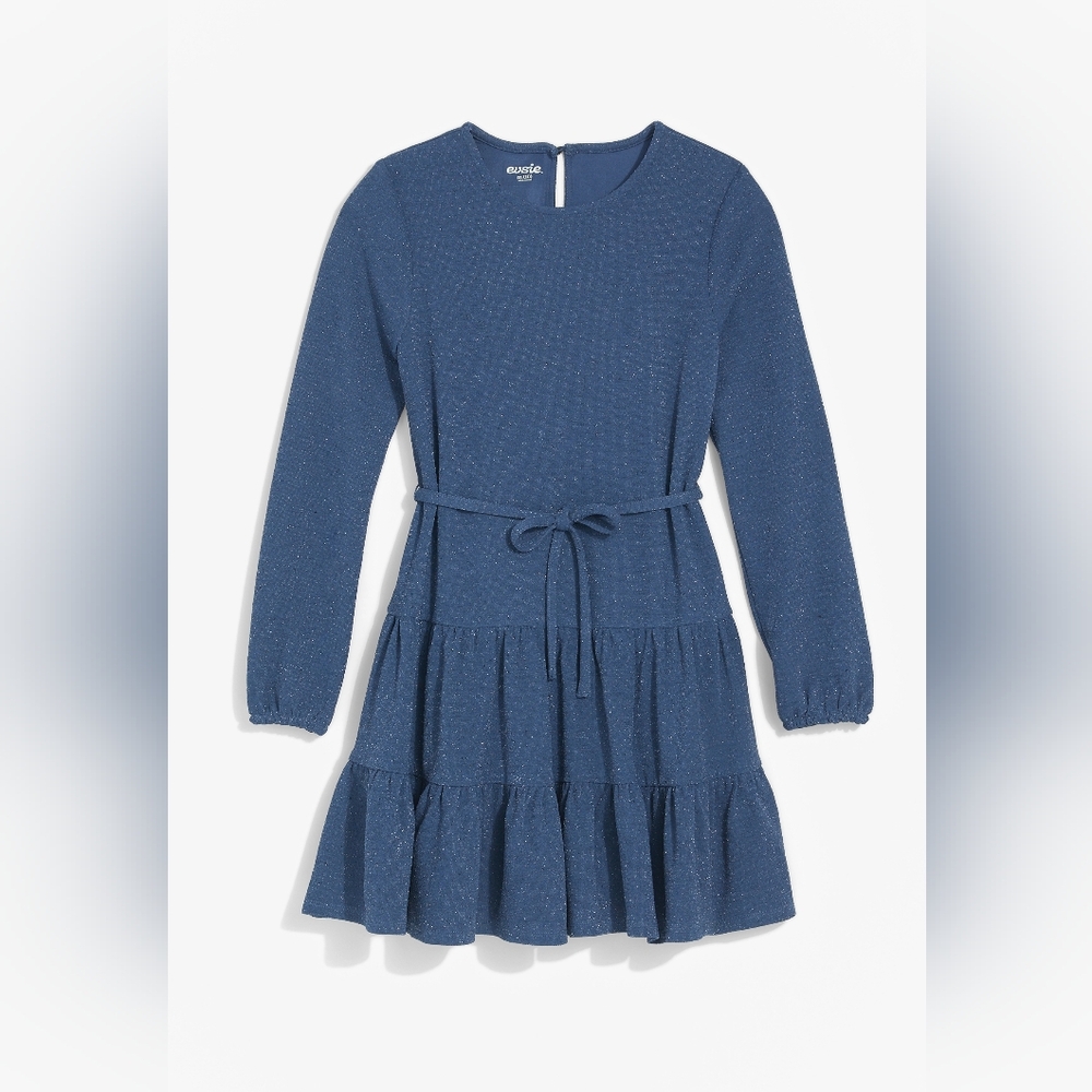 Girls Metallic Tiered Long Sleeve Skater Dress